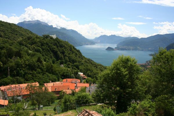 View of Lake Como and the village Breglia with the Sanctuary of the Madonna di Breglia